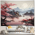 Moonlit Harbor Japanese Landscape Tapestry