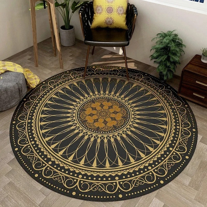 Gold Sunwheel Mandala Round Rug
