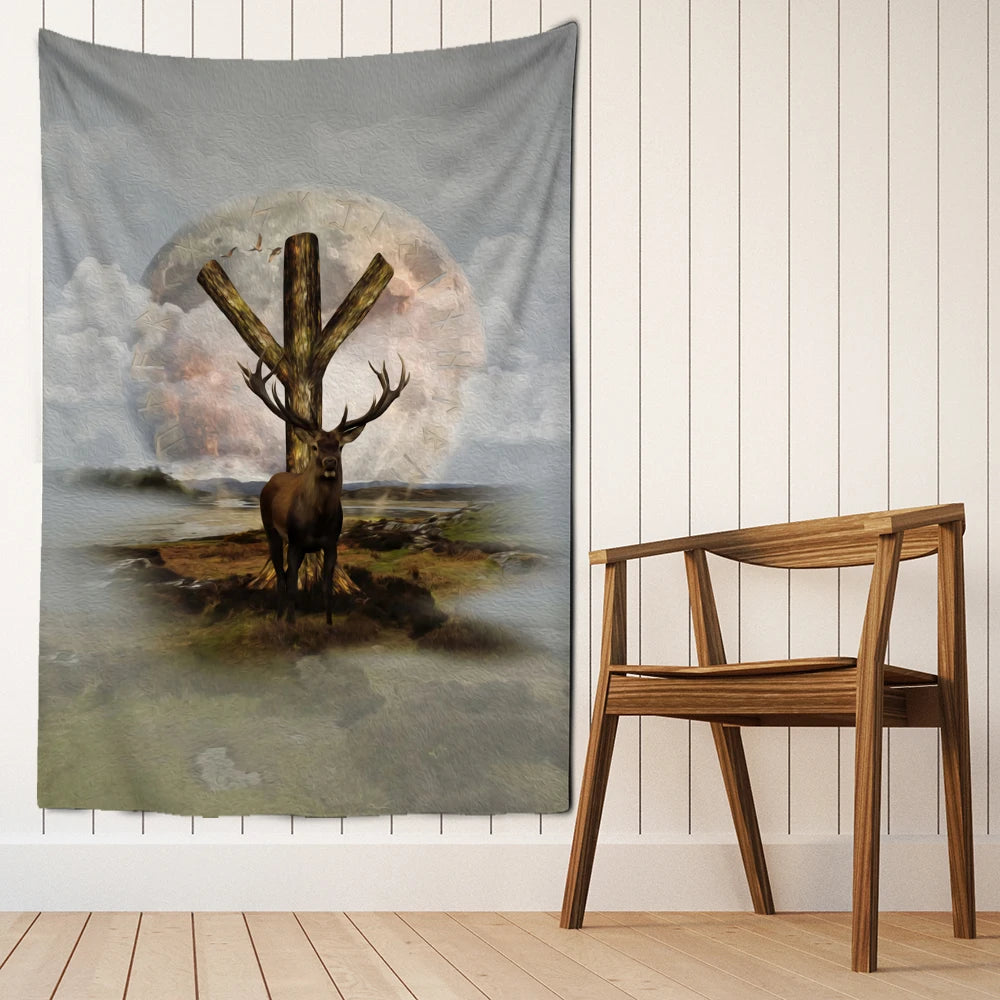 Stag Algiz Moon Tapestry