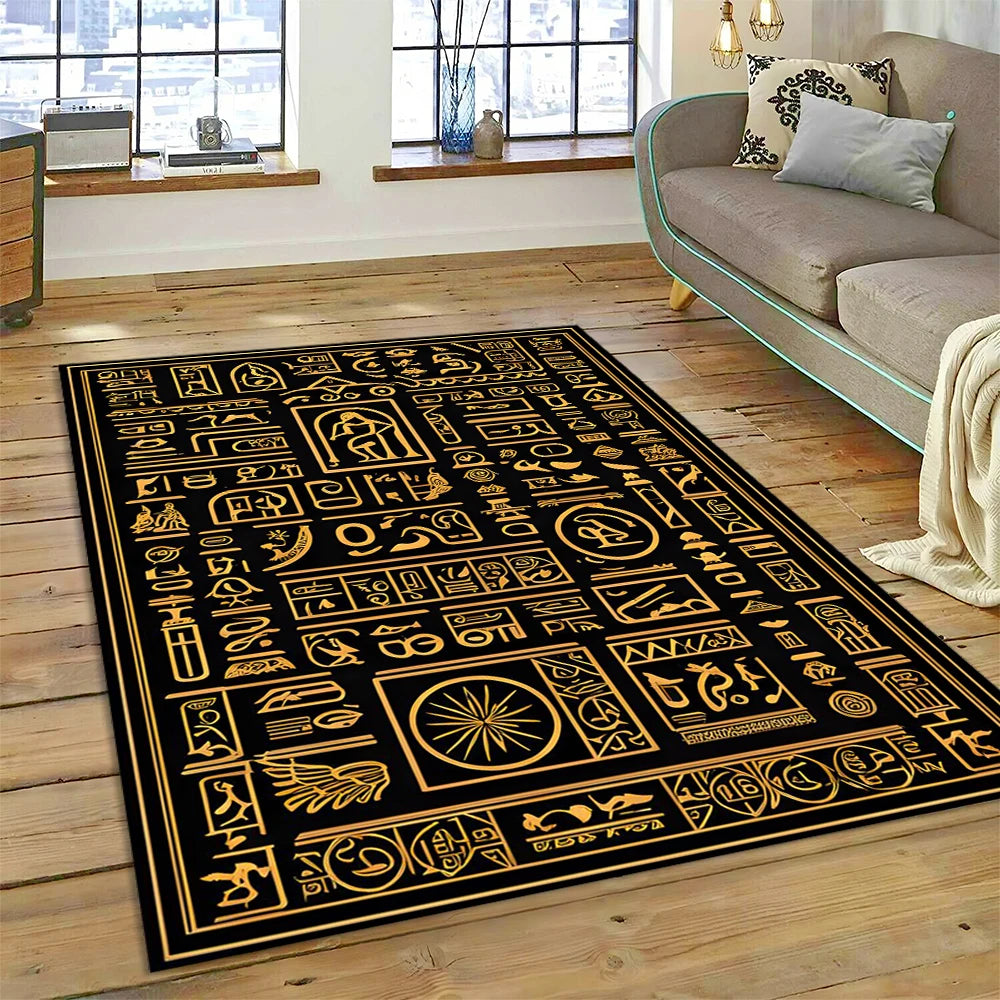 Egyptian Hieroglyph Panel Grid Area Rug