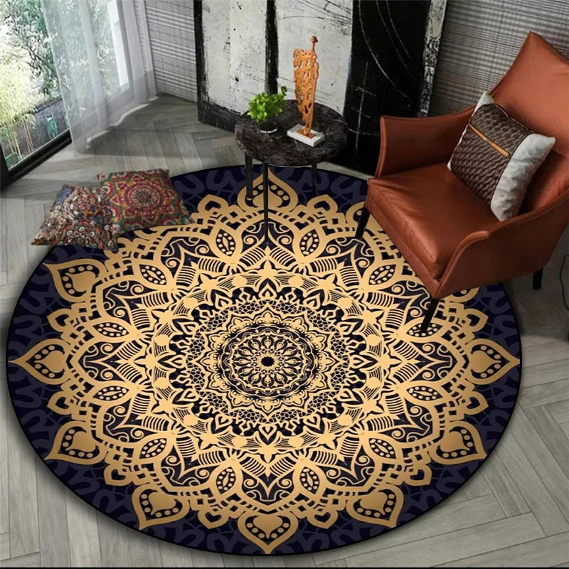 Champagne Mandala Round Rug in Midnight Blue