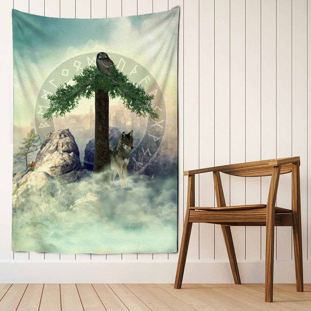 Owl Wolf Pine Runes Tapestry