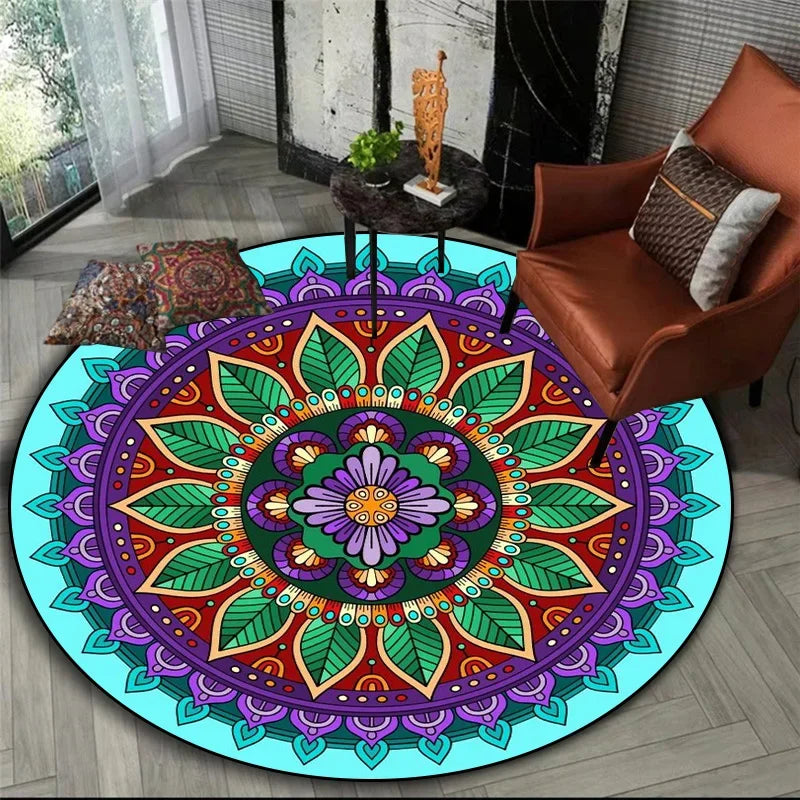 Tropical Mandala Round Rug in Turquoise and Violet