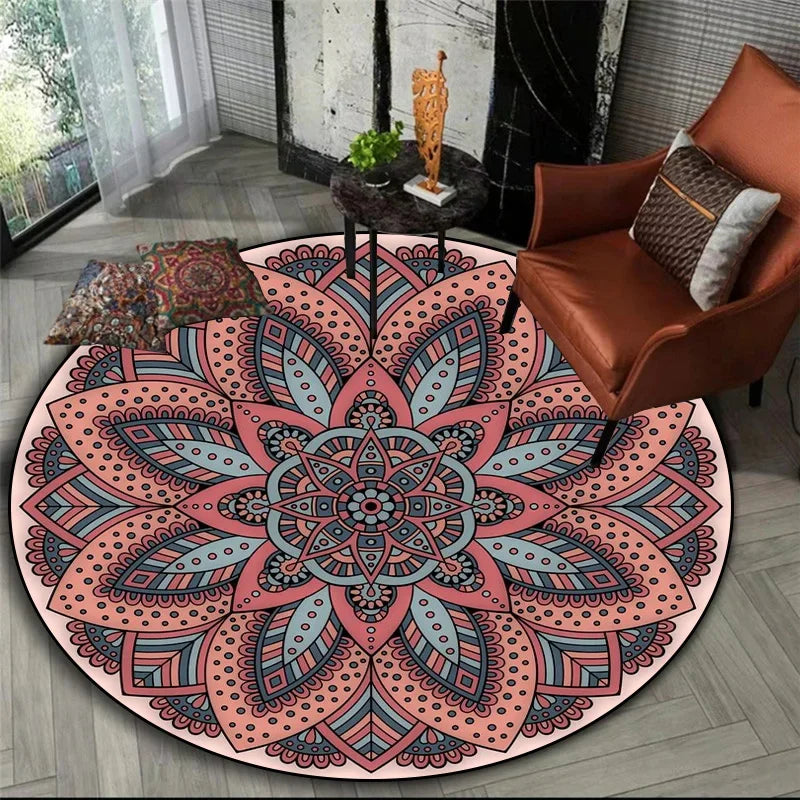 Vintage Mandala Round Rug in Dusty Rose and Slate