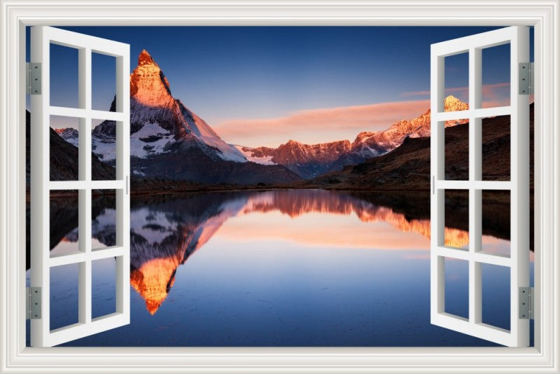 3D Window View Wall Sticker in Alpine Lake Sunset