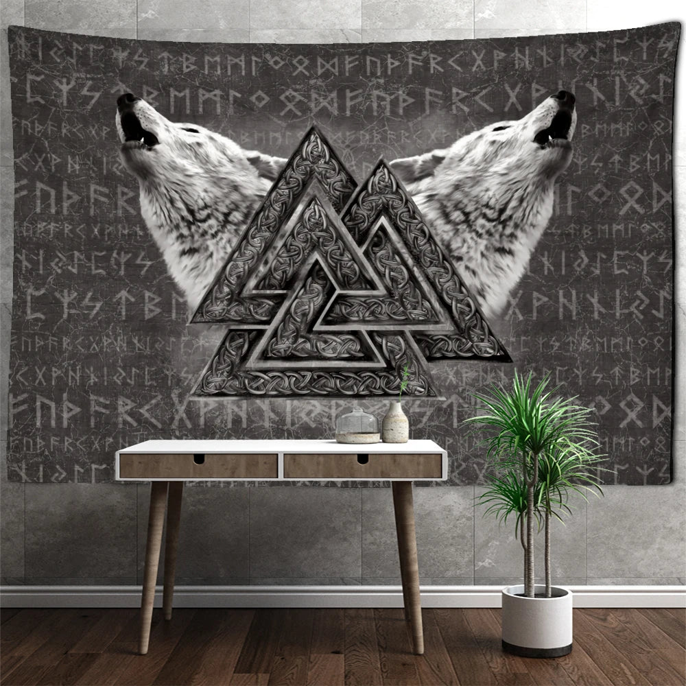 Wolves Valknut Runes Tapestry