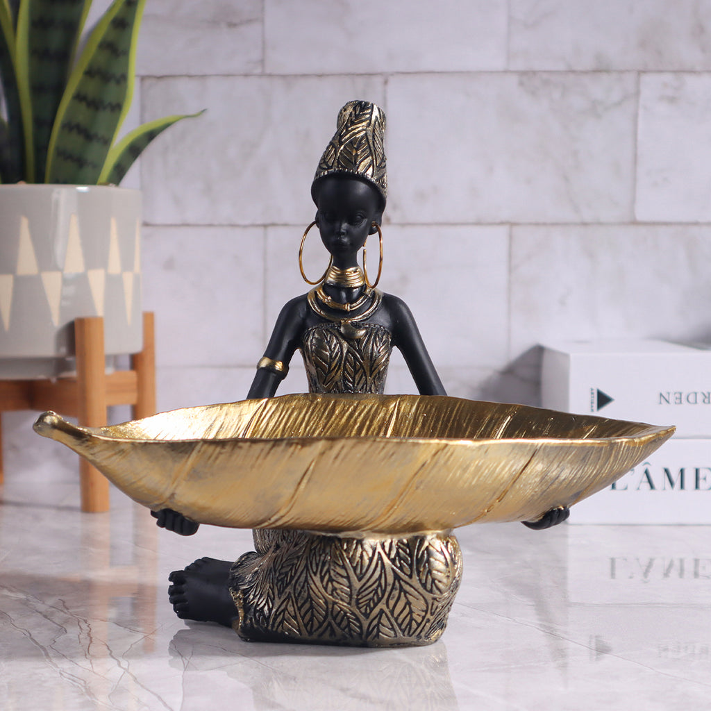 African Tribal Woman Butler Tray Sculpture