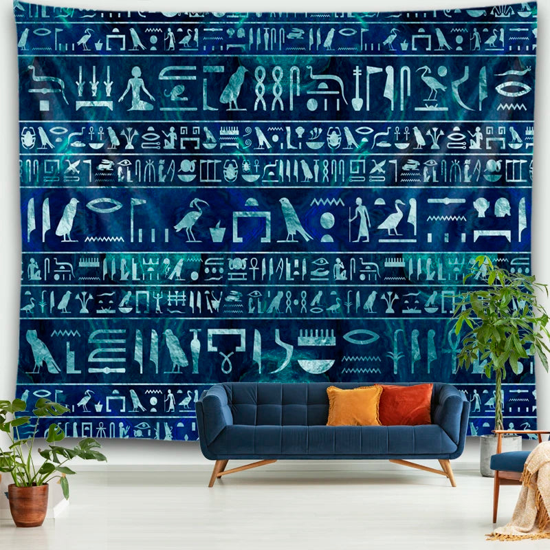 Blue Hieroglyphic Rows Tapestry