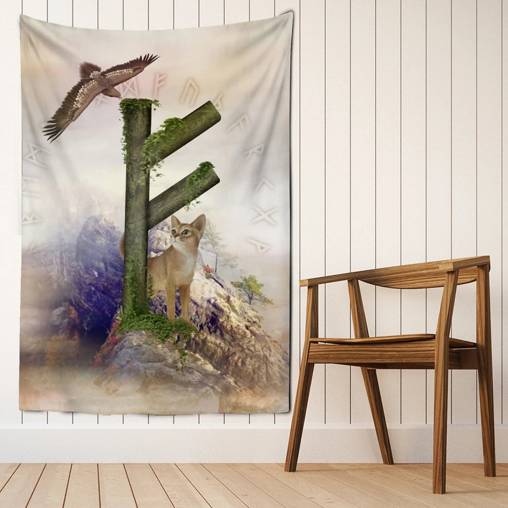 Fehu Eagle and Cat Tapestry