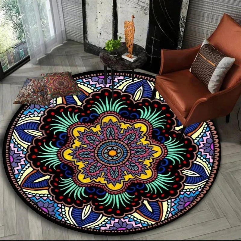 Midnight Mosaic Mandala Round Rug in Navy and Gold