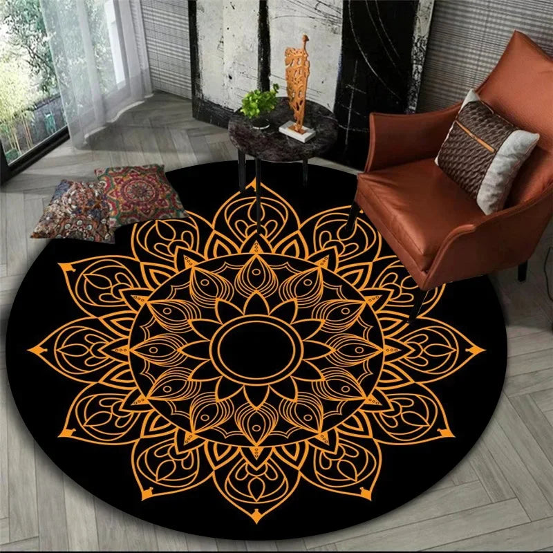 Amber Line Art Mandala Round Rug in Noir