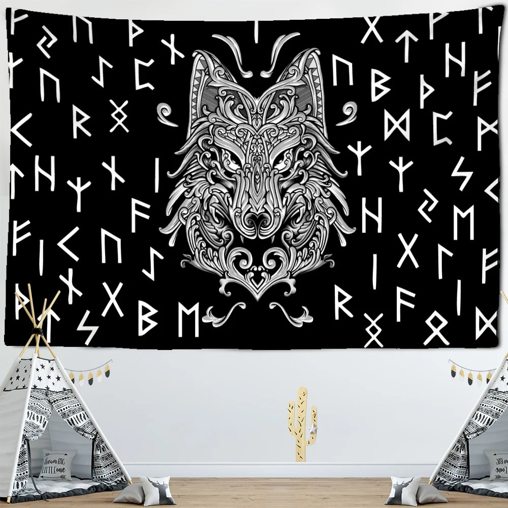 Ornate Wolf Runes Tapestry