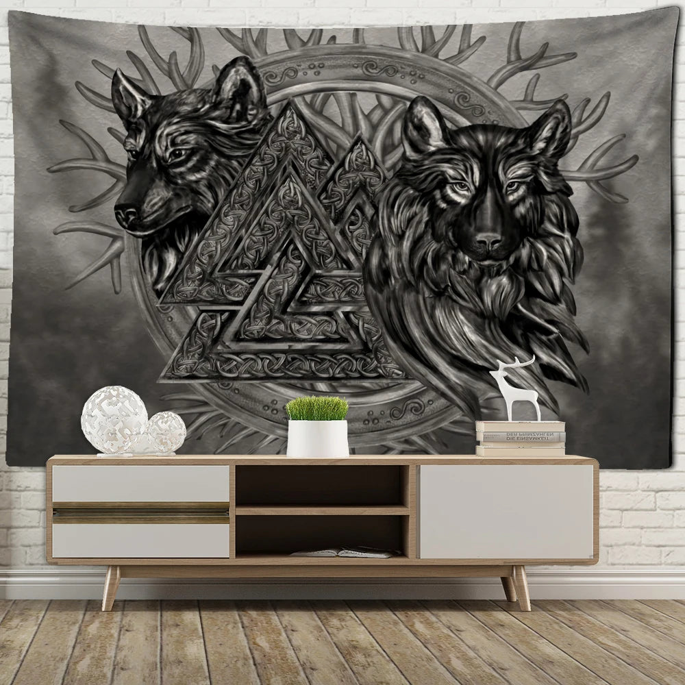 Wolves Valknut Antlers Tapestry