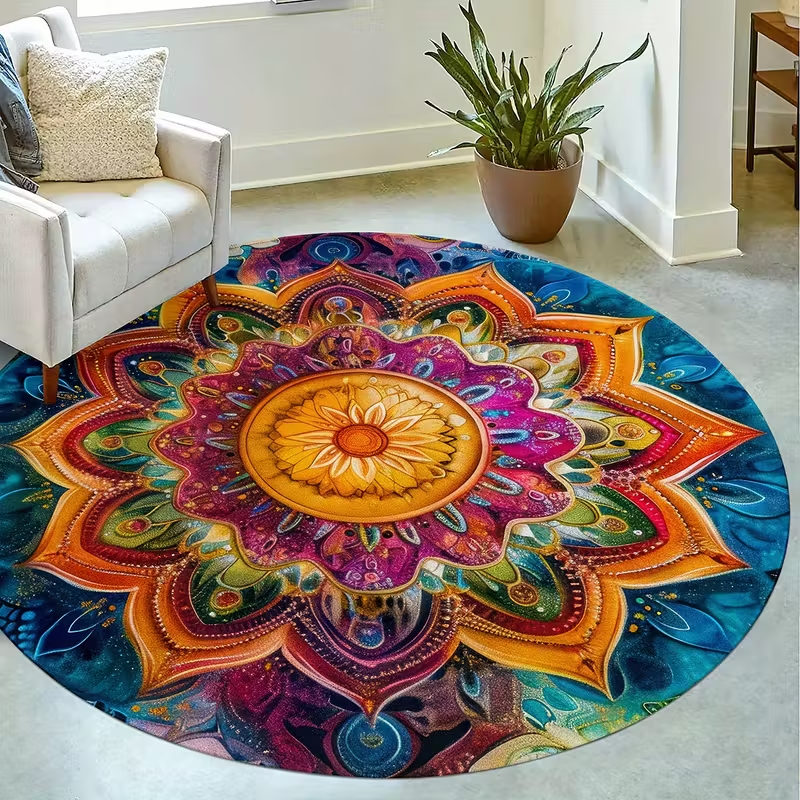 Painted Sunburst Mandala Round Rug