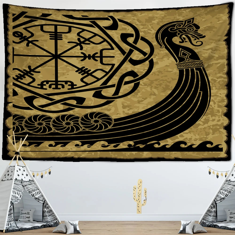Longship Vegvisir Gold Tapestry