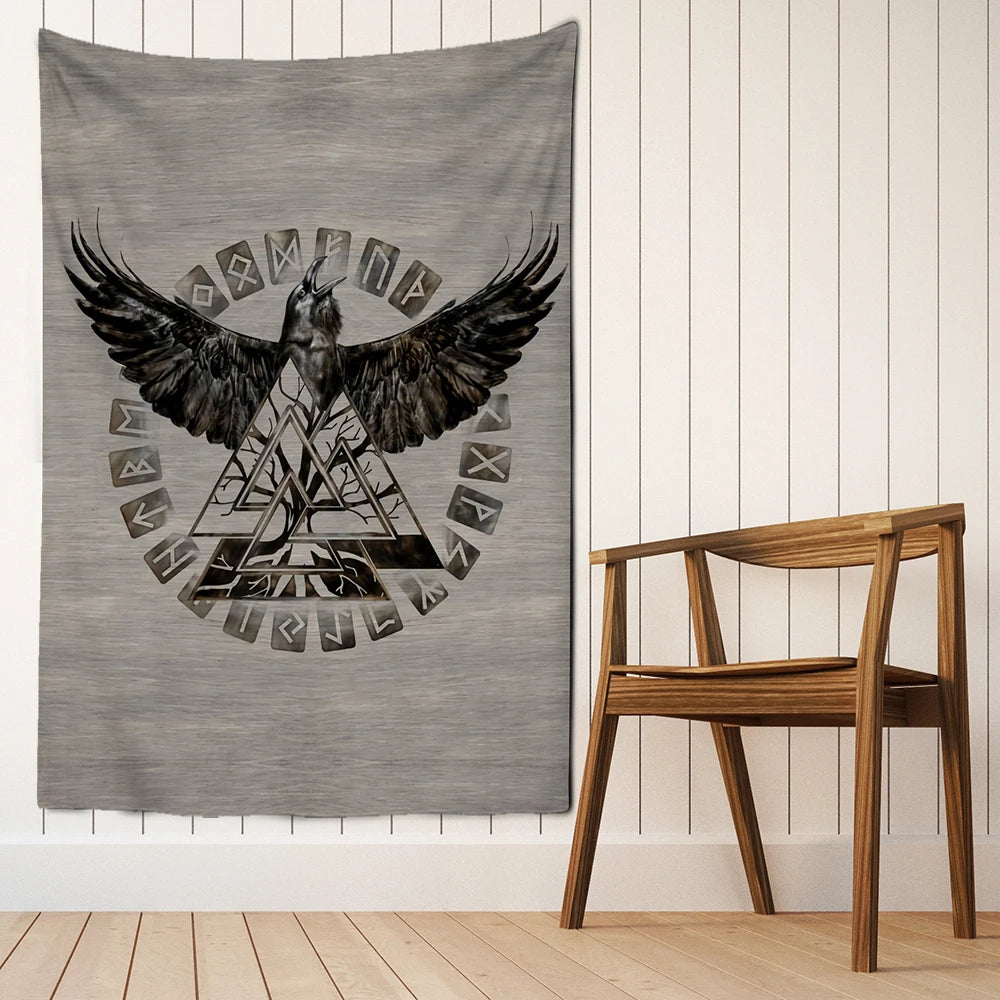 Raven Valknut Rune Circle Tapestry