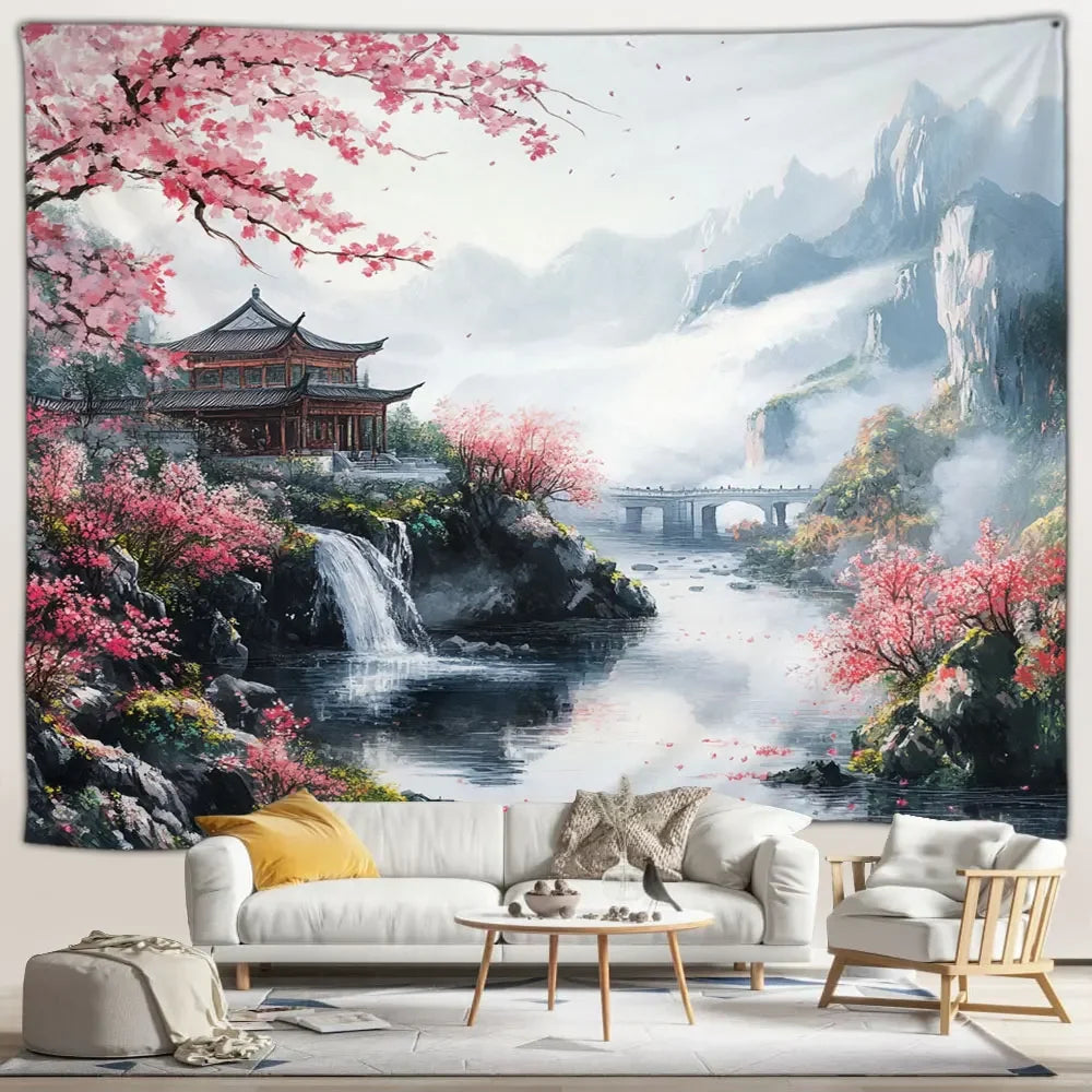 Temple Bridge Japanese Landscape Tapestry