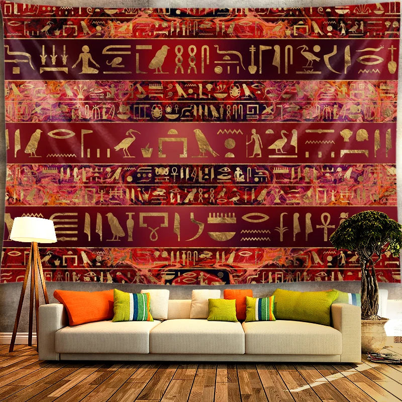 Crimson Hieroglyphic Rows Tapestry
