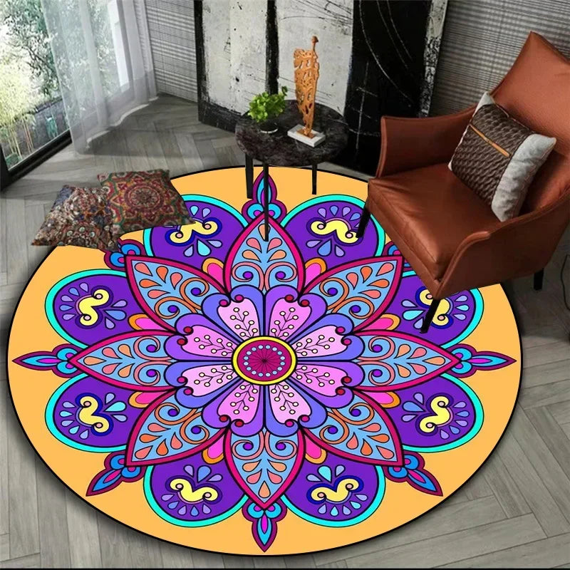 Psychedelic Lotus Round Rug in Saffron and Violet