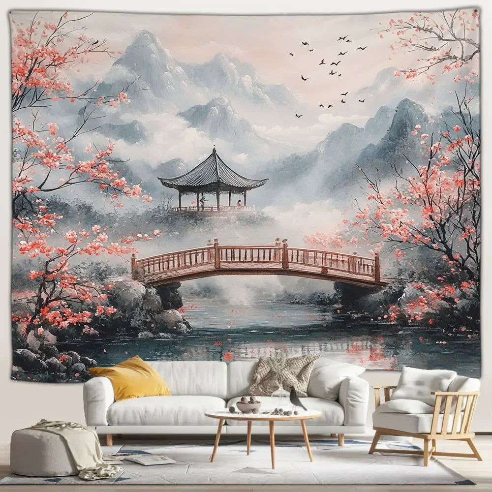 Blossom Bridge Japanese Landscape Tapestry