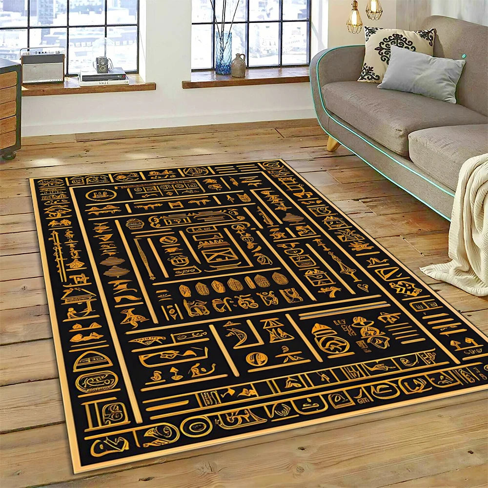 Egyptian Golden Script Grid Area Rug