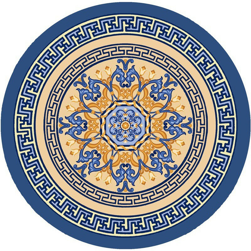 Greek Key Medallion Round Rug in Blue and Gold