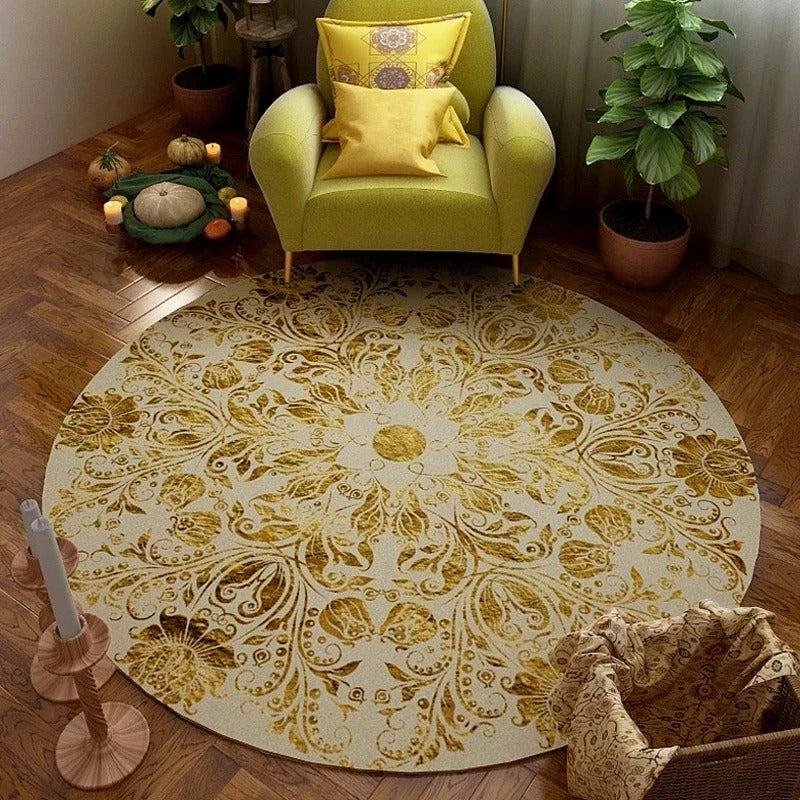 Golden Floral Mandala Round Rug
