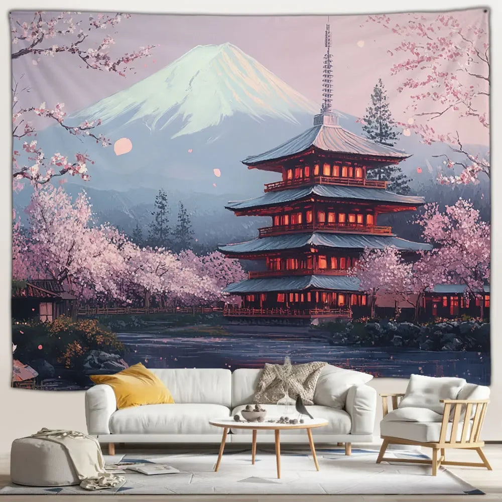 Twilight Pagoda Japanese Landscape Tapestry
