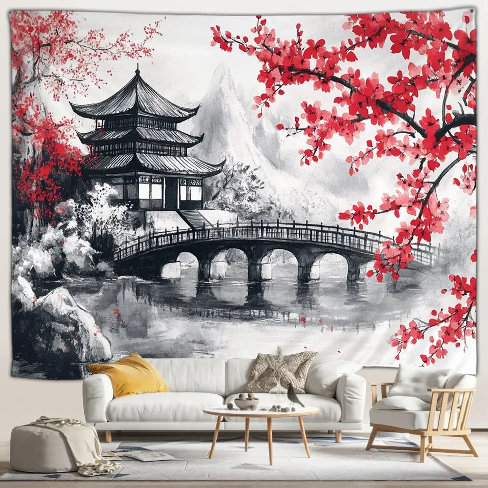 Ink Temple Japanese Landscape Tapestry