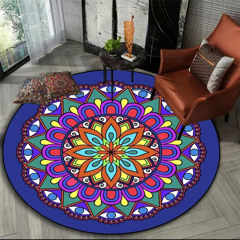 Stained Glass Mandala Round Rug in Royal Blue
