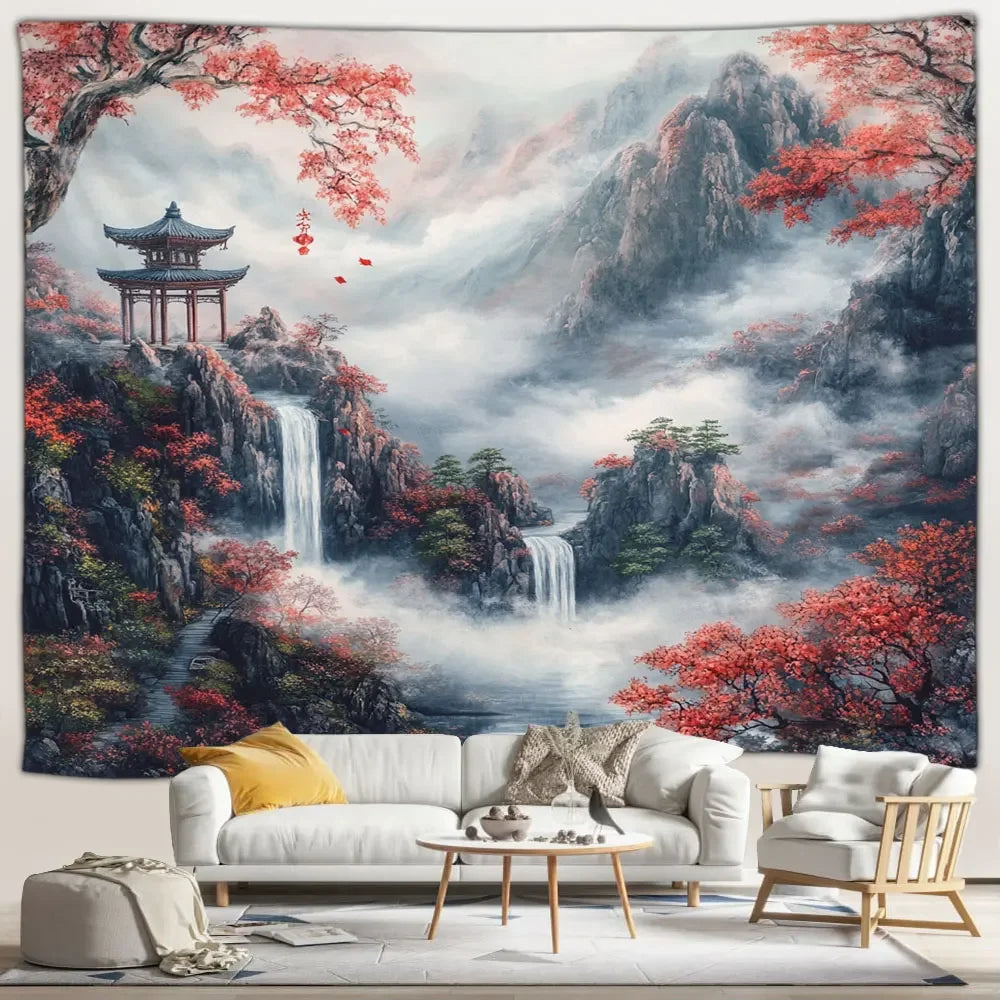 Red Lantern Falls Japanese Landscape Tapestry