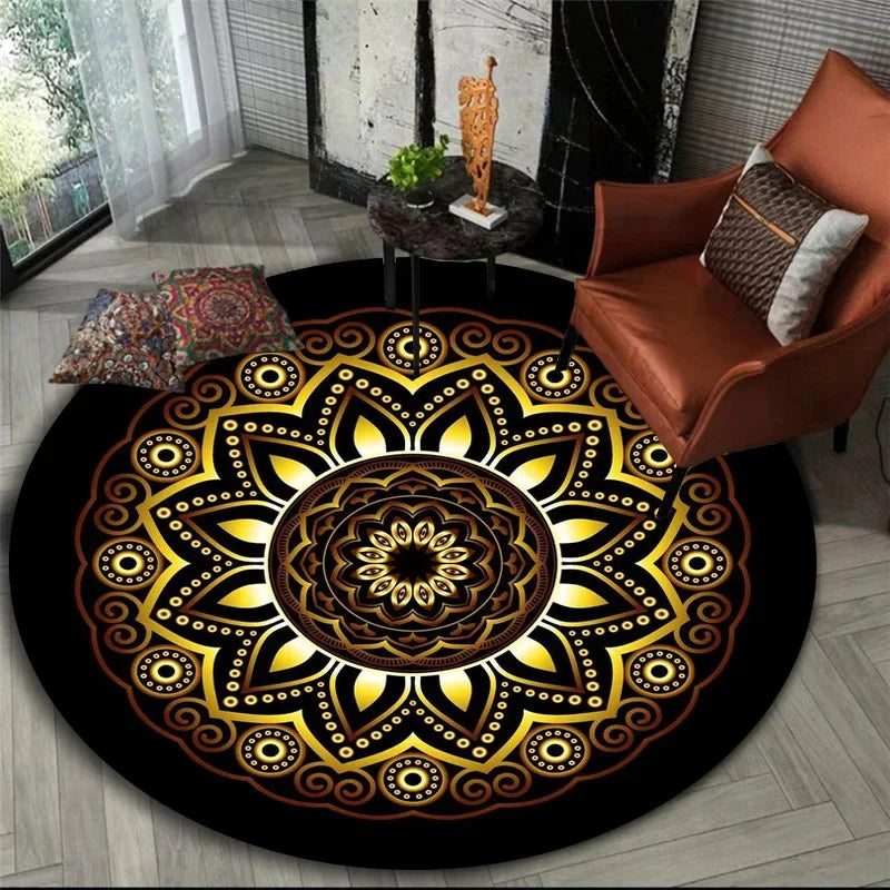 Gold Filigree Mandala Round Rug in Noir