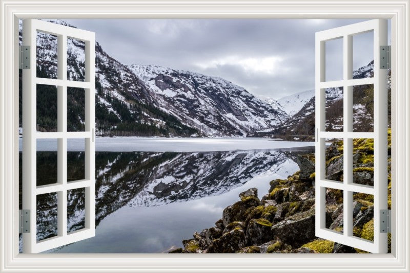 3D Window View Wall Sticker in Nordic Fjord Winter