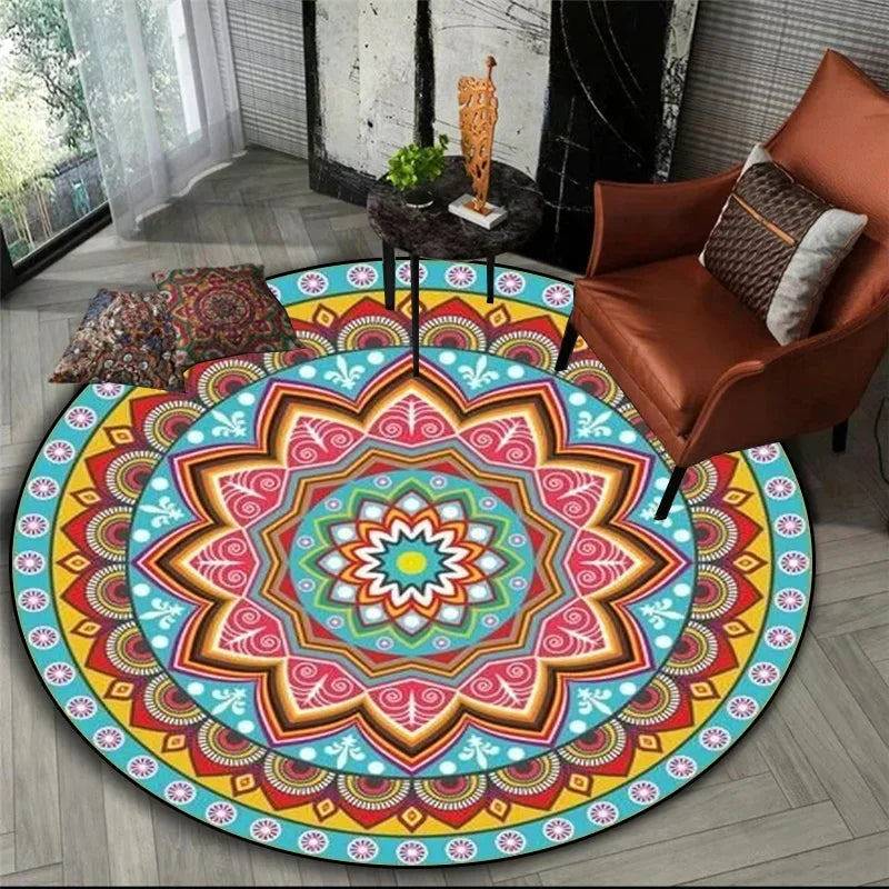 Fiesta Mandala Round Rug in Coral and Teal