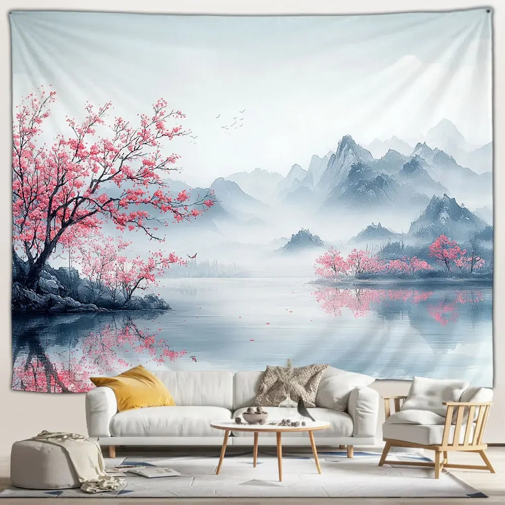 Blossom Lake Japanese Landscape Tapestry