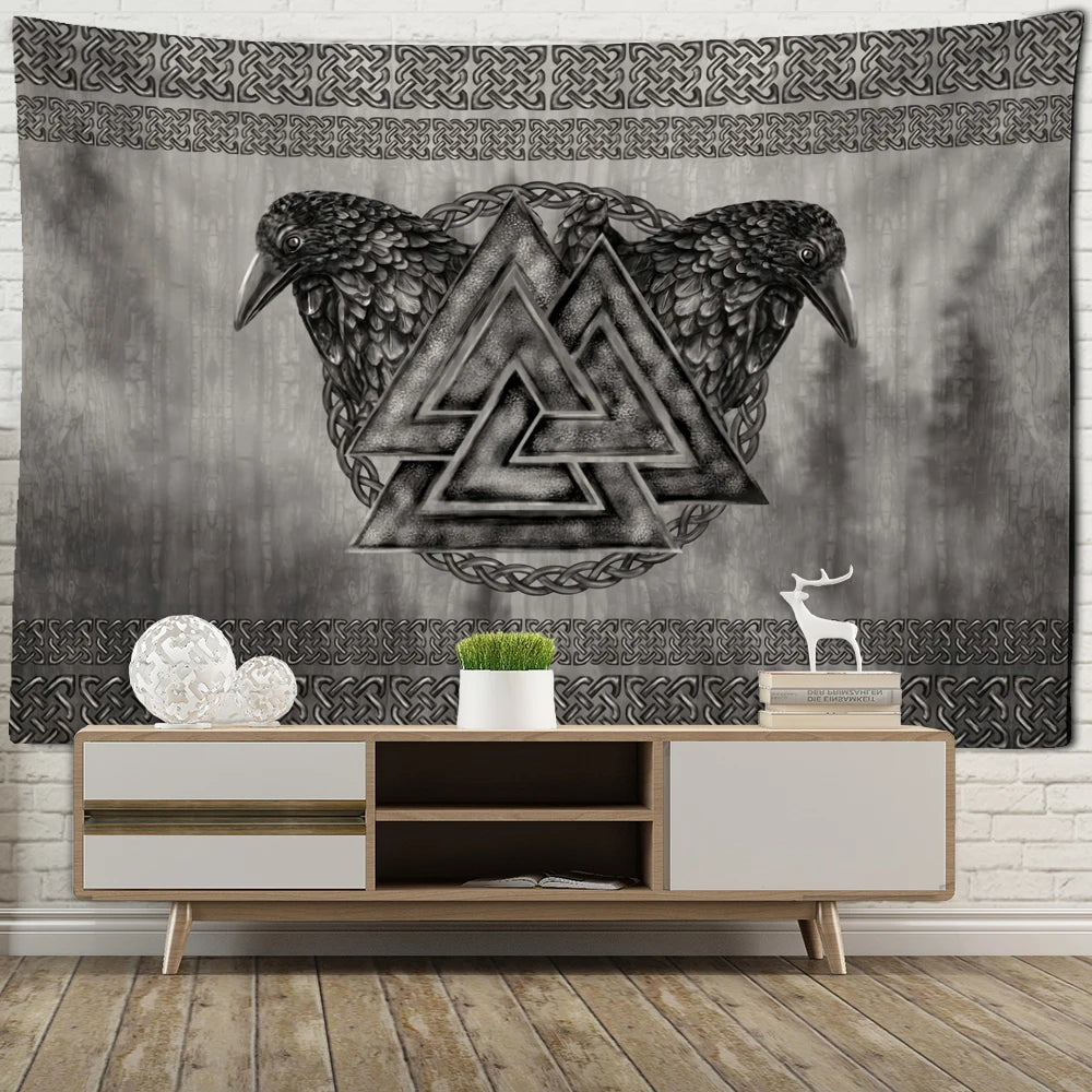 Ravens Valknut Knotwork Border Tapestry