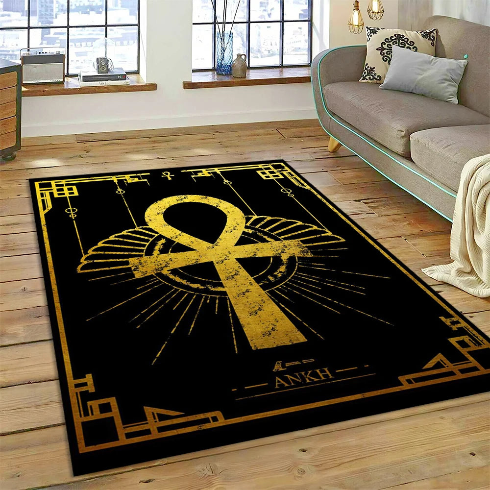 Egyptian Golden Ankh Symbol Area Rug