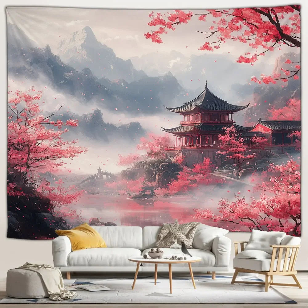 Cherry Mist Temple Japanese Landscape Tapestry