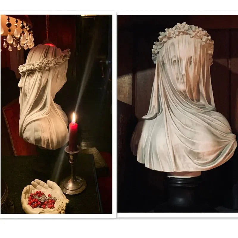 Antique Greek Style Veiled Maiden Bust Statue