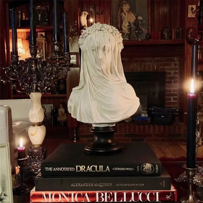 Antique Greek Style Veiled Maiden Bust Statue