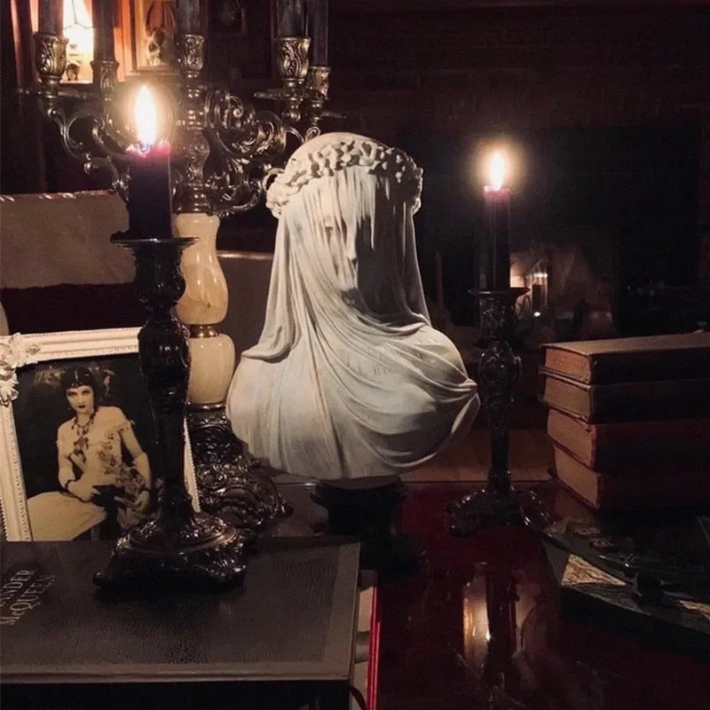 Antique Greek Style Veiled Maiden Bust Statue