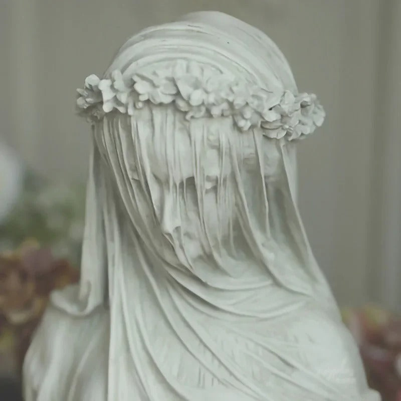 Antique Greek Style Veiled Maiden Bust Statue