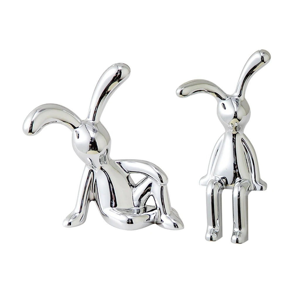 Liquid Chrome Couple Rabbits Statues