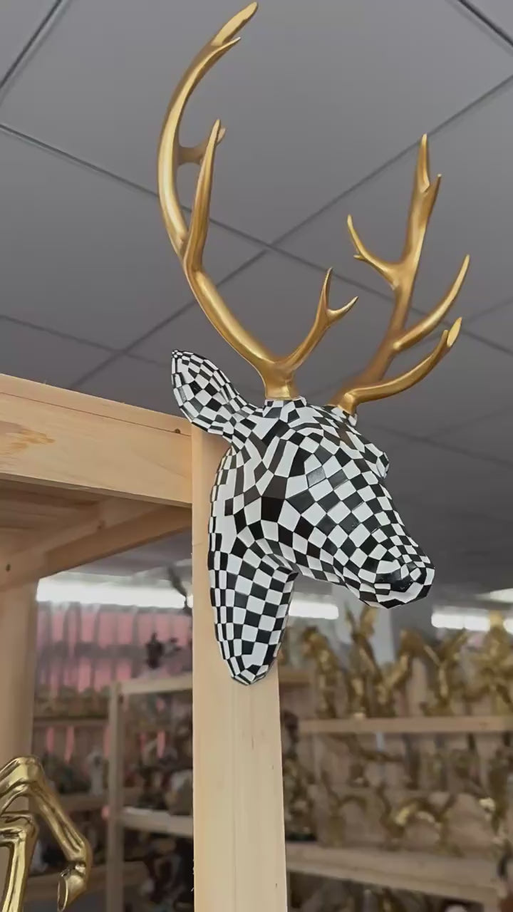 Modern Checkered Deer Head Wall Sculpture